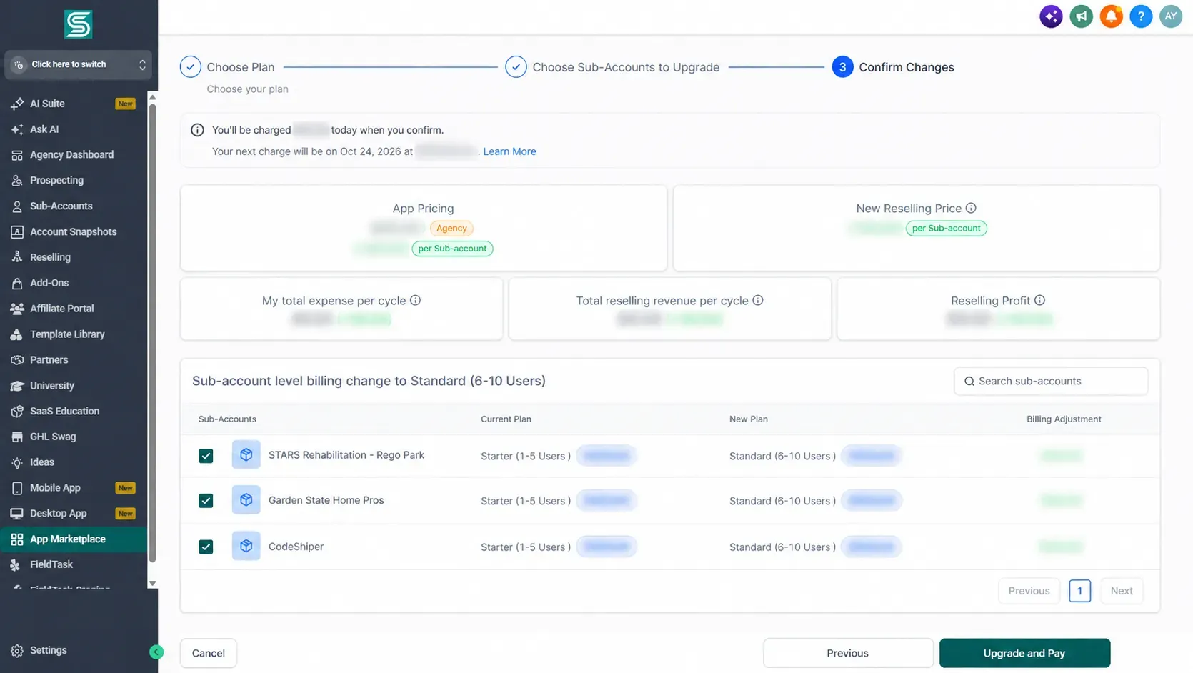 Confirm Changes with blurred pricing and Upgrade and Pay active.