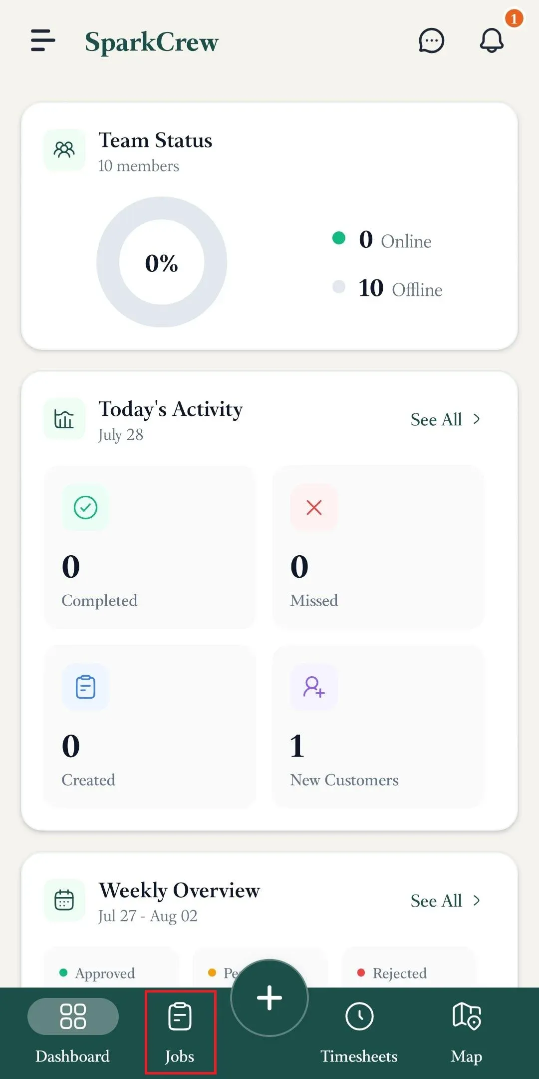 FieldTask Mobile App dashboard with Jobs tab selected