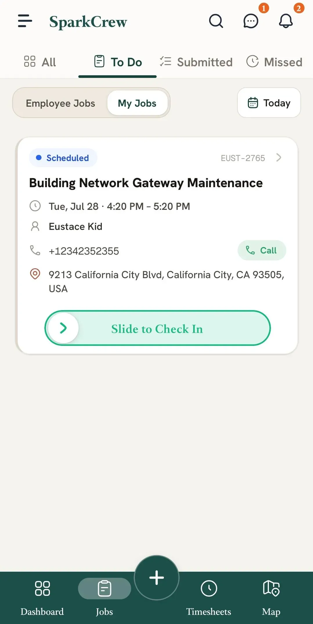 FieldTask Mobile App job card with slide to check in