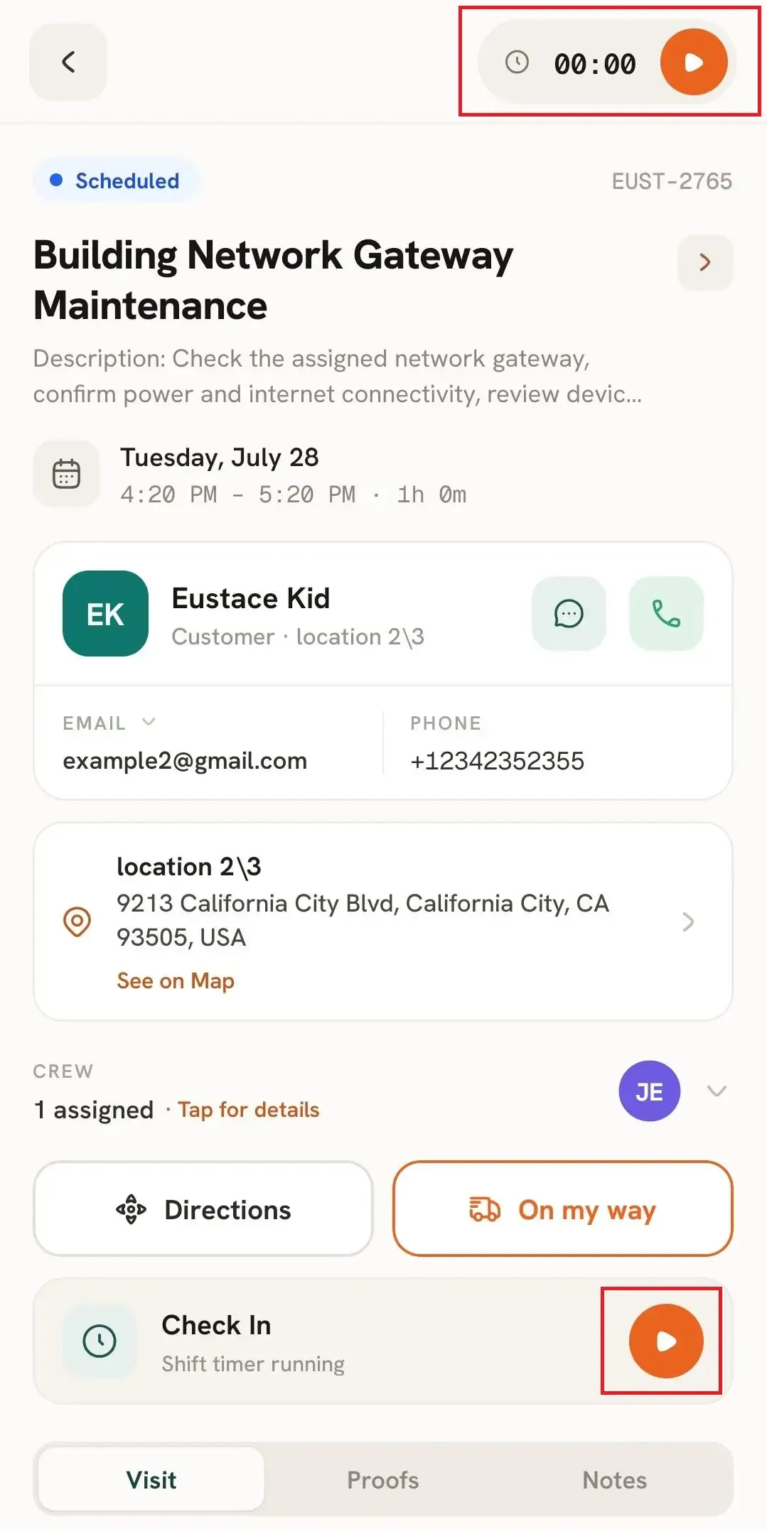 FieldTask Mobile App job details with active timer