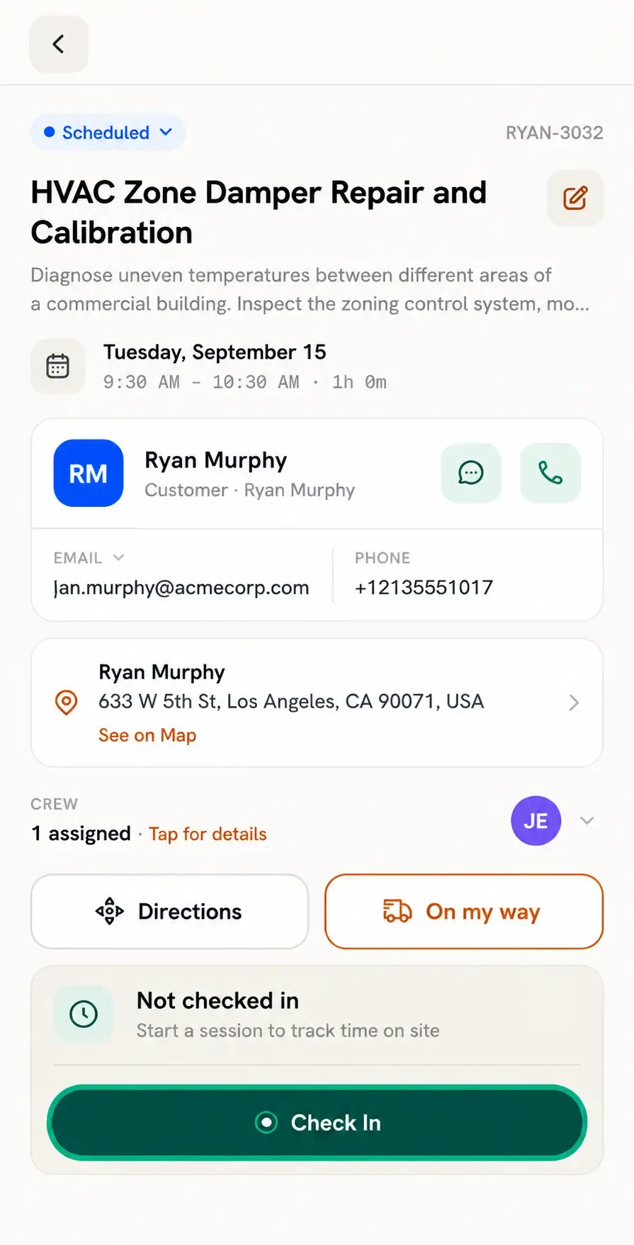 HVAC job details with customer info and Check In button