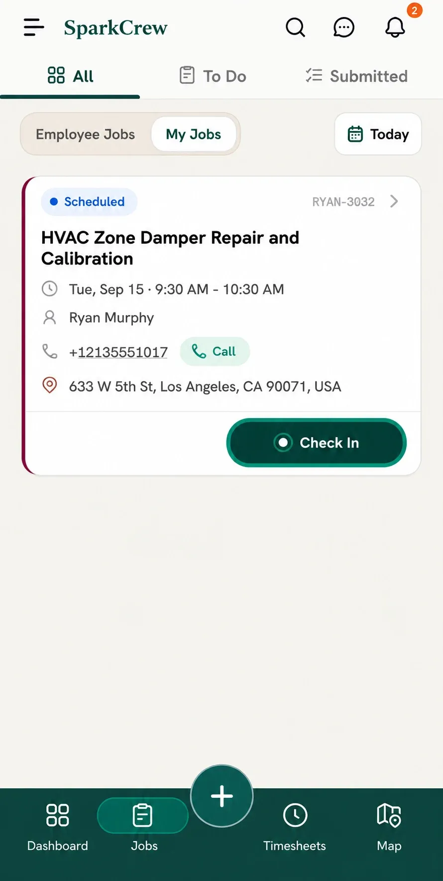 HVAC job card with scheduled time and Check In button