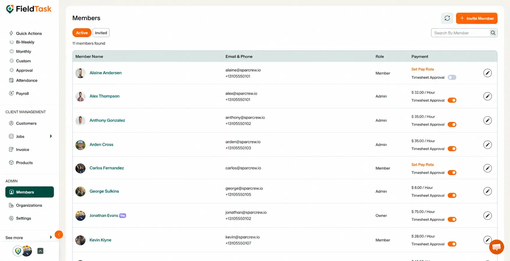 Members page showing member names, emails, roles, and payment details.