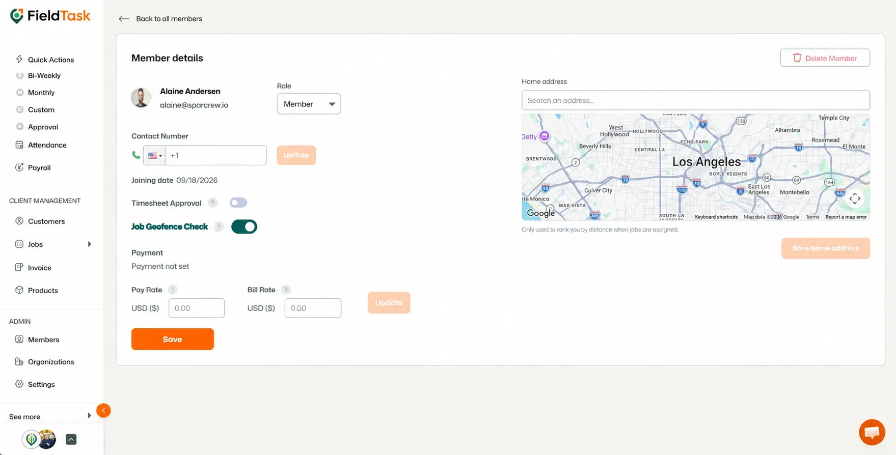 Member details page showing Job Geofence Check enabled.