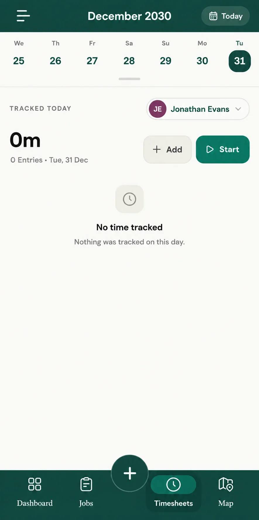 Mobile timesheet screen showing Timesheets selected and Start button.