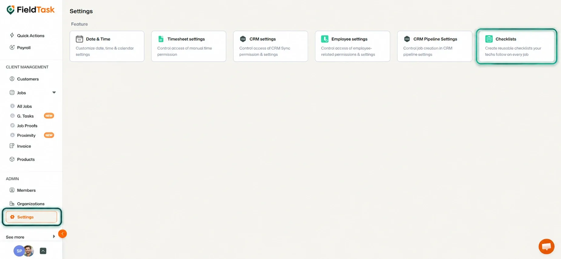 Job edit screen with the Add checklist button highlighted in the Checklists section.