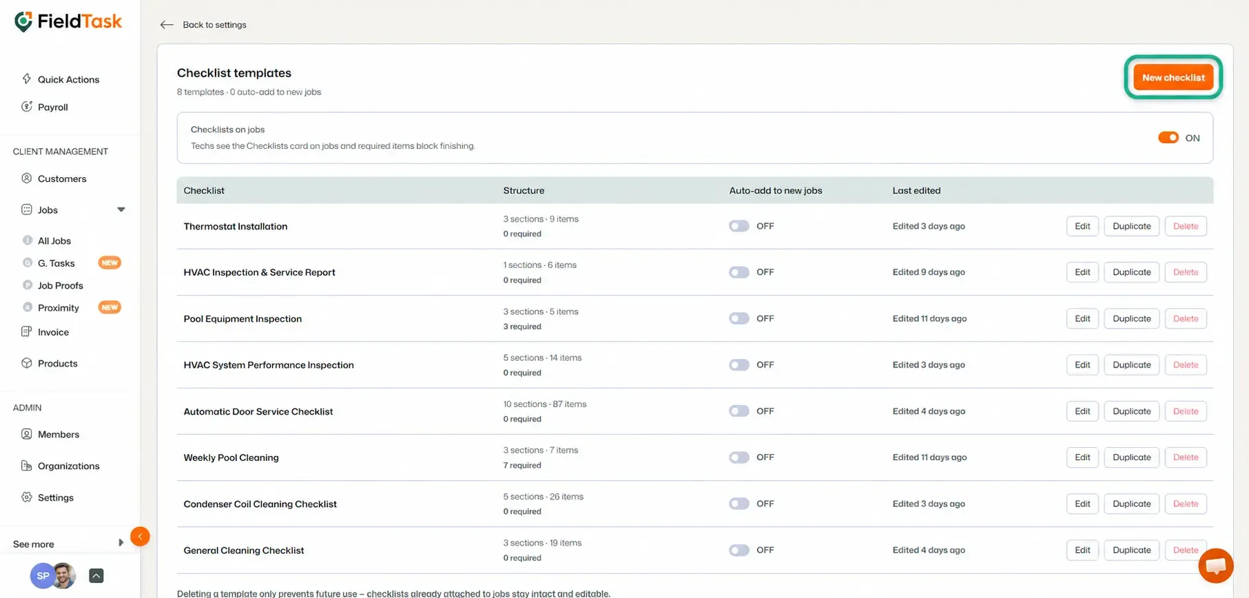 FieldTask Settings page with the Settings menu and Checklists settings card highlighted.