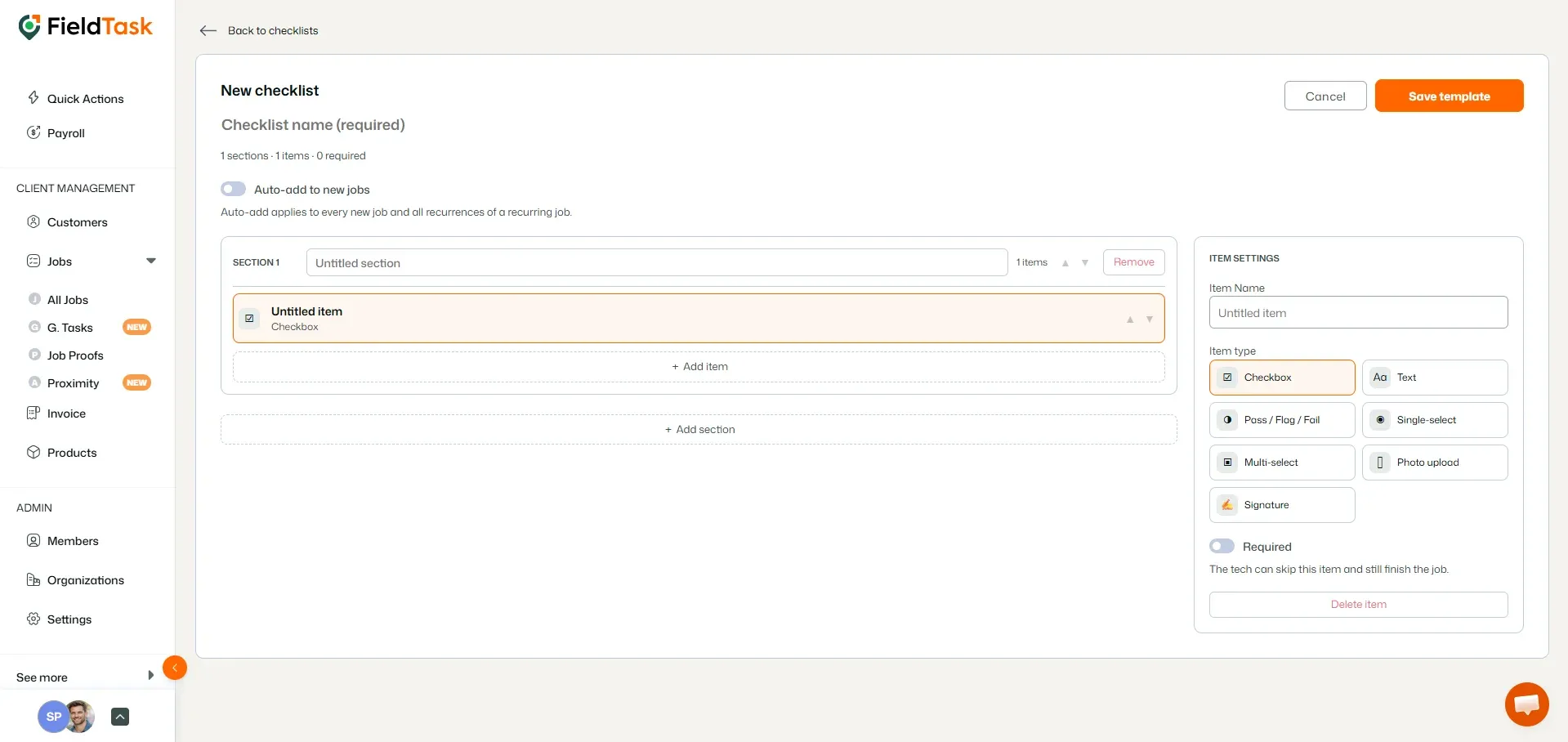 Checklist Templates page showing existing templates with the New checklist button highlighted.