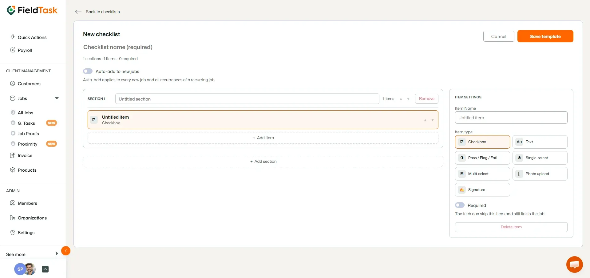 New checklist editor showing a checklist item, section controls, item types, and item settings.