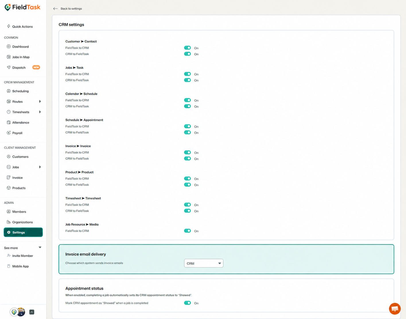 CRM settings page showing integration toggles and options
