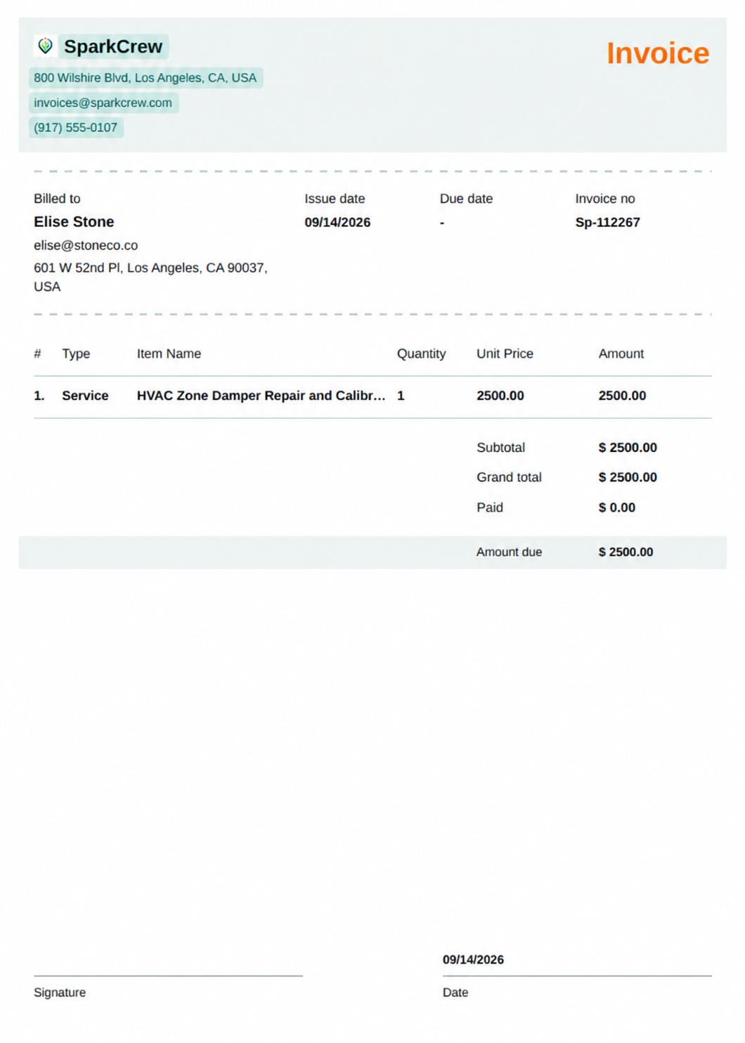 Invoice document with SparkCrew details and billing information