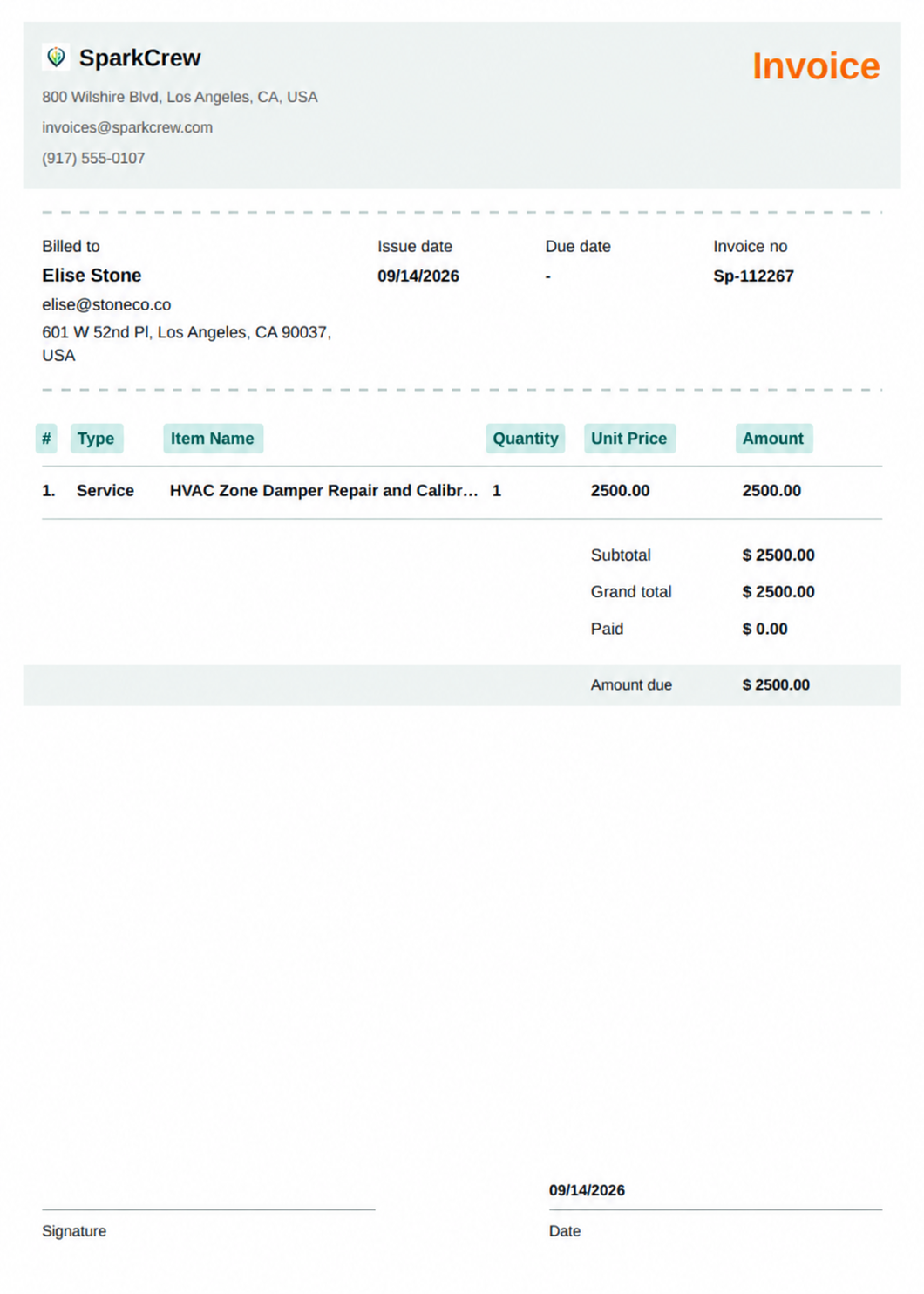 Invoice with item table and highlighted column headers