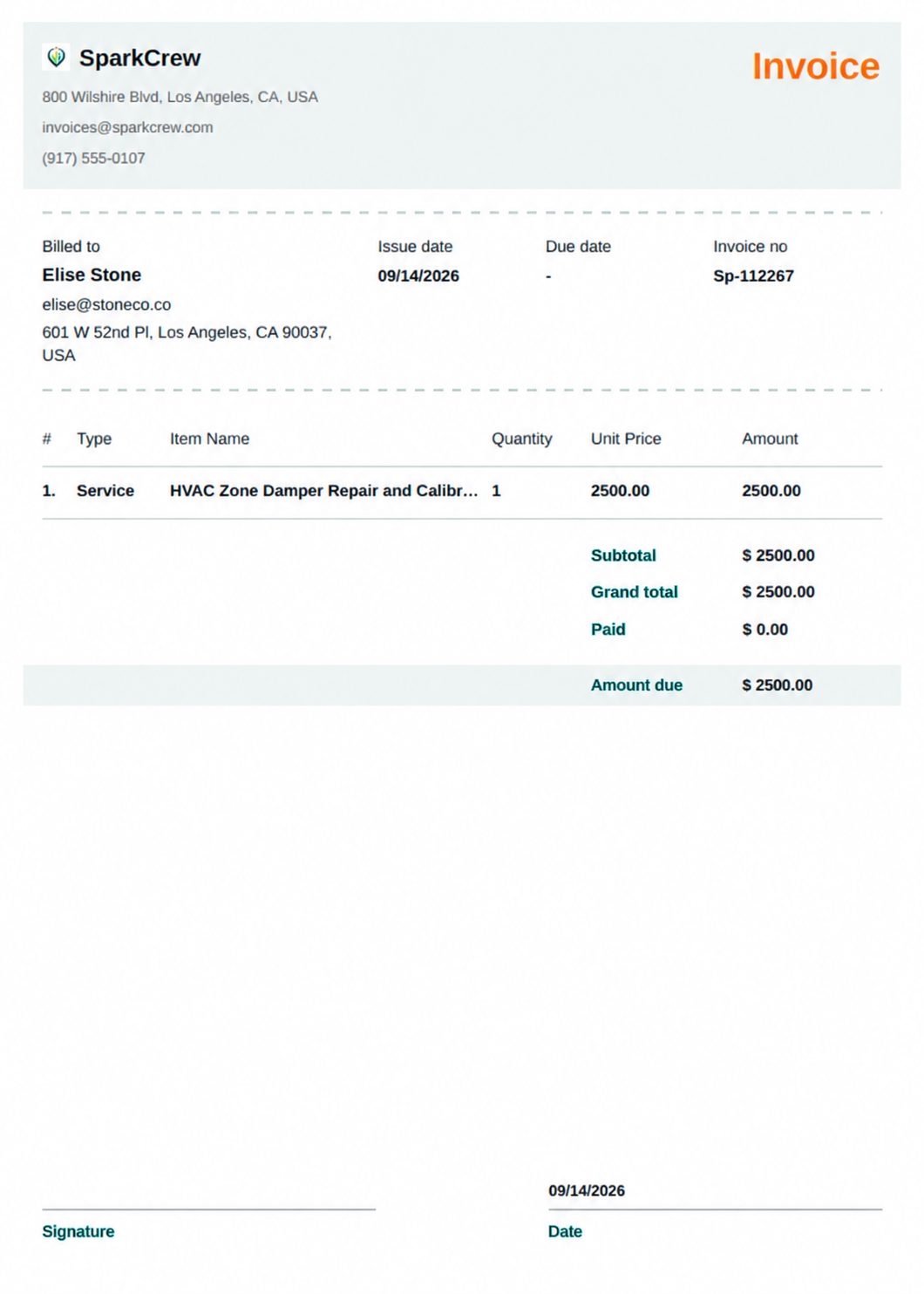 Invoice showing highlighted subtotal, payment, and signature fields