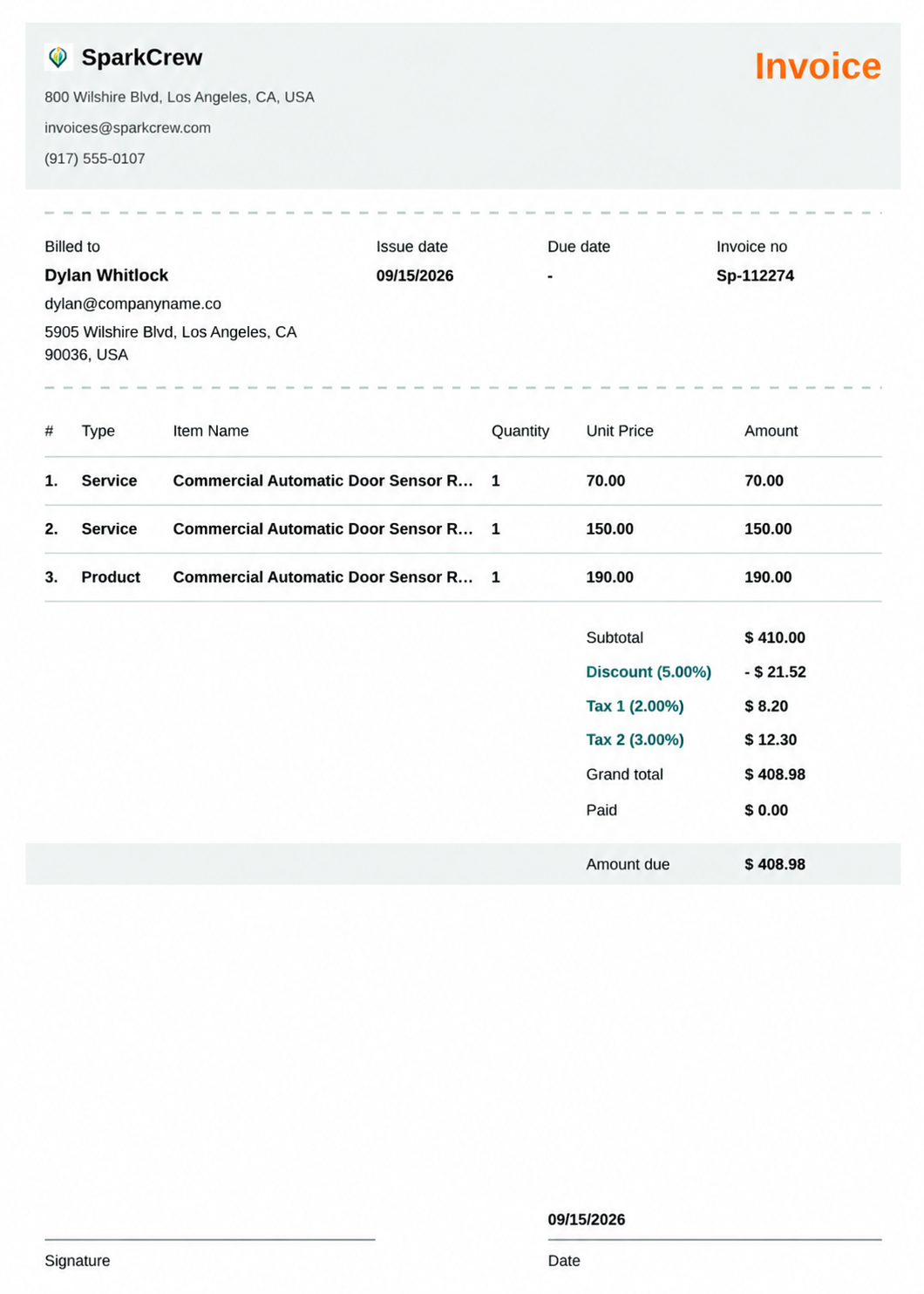 Invoice displaying discount and tax breakdown details