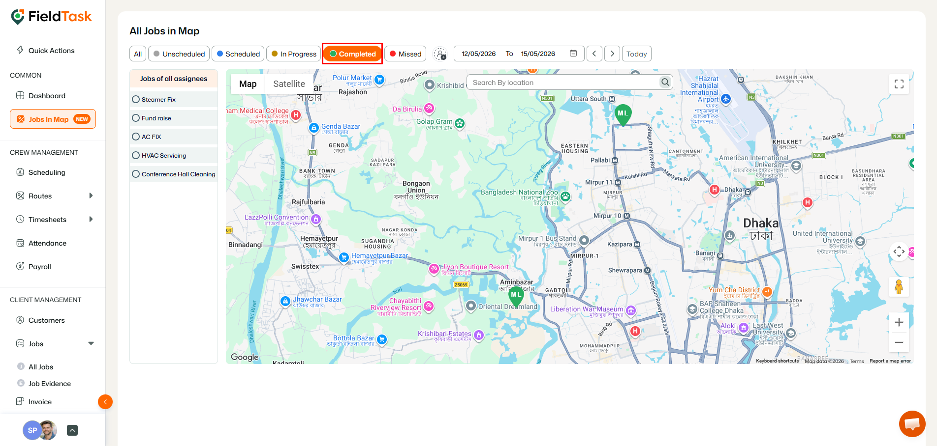 FieldTask completed jobs map with location markers