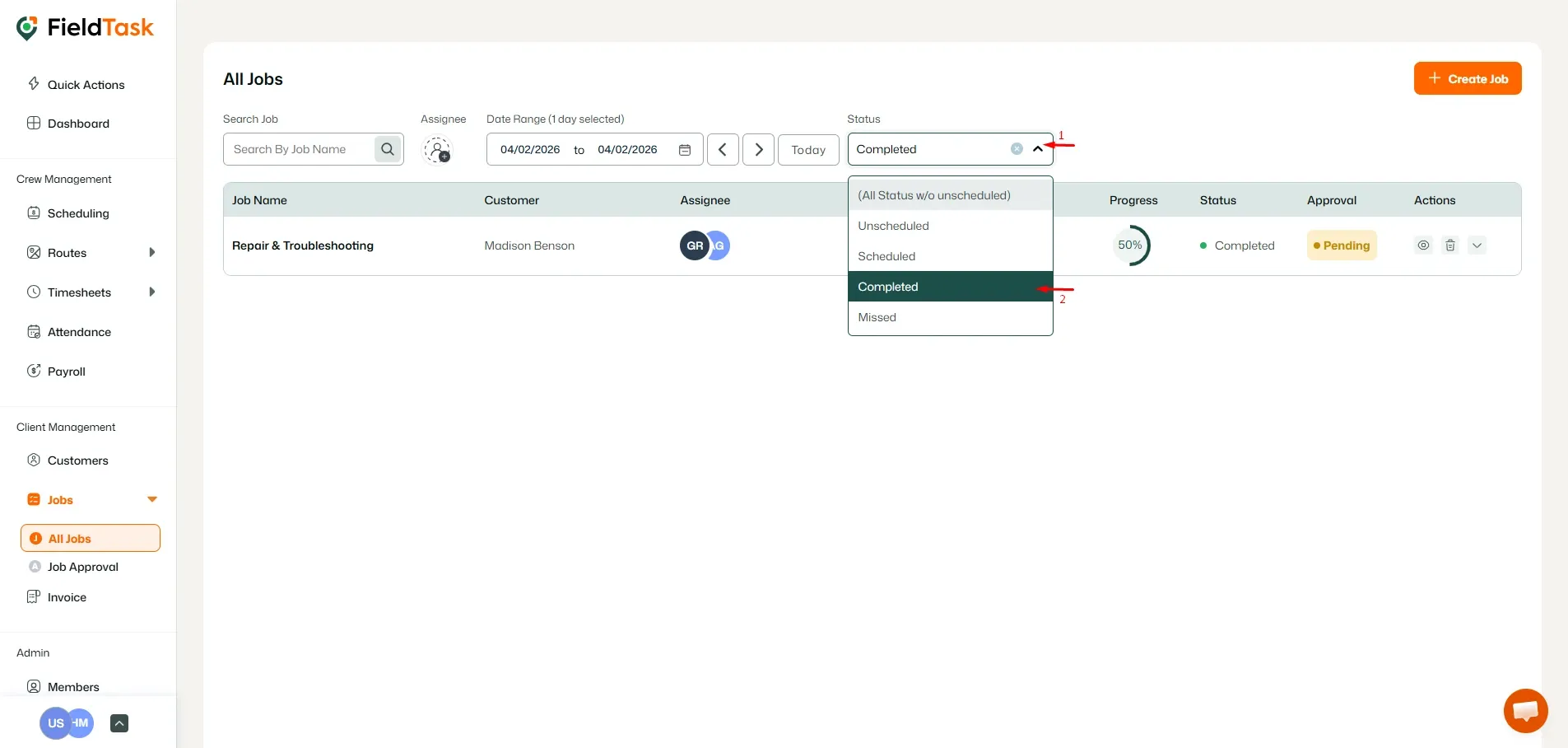 FieldTask All Jobs Completed Page