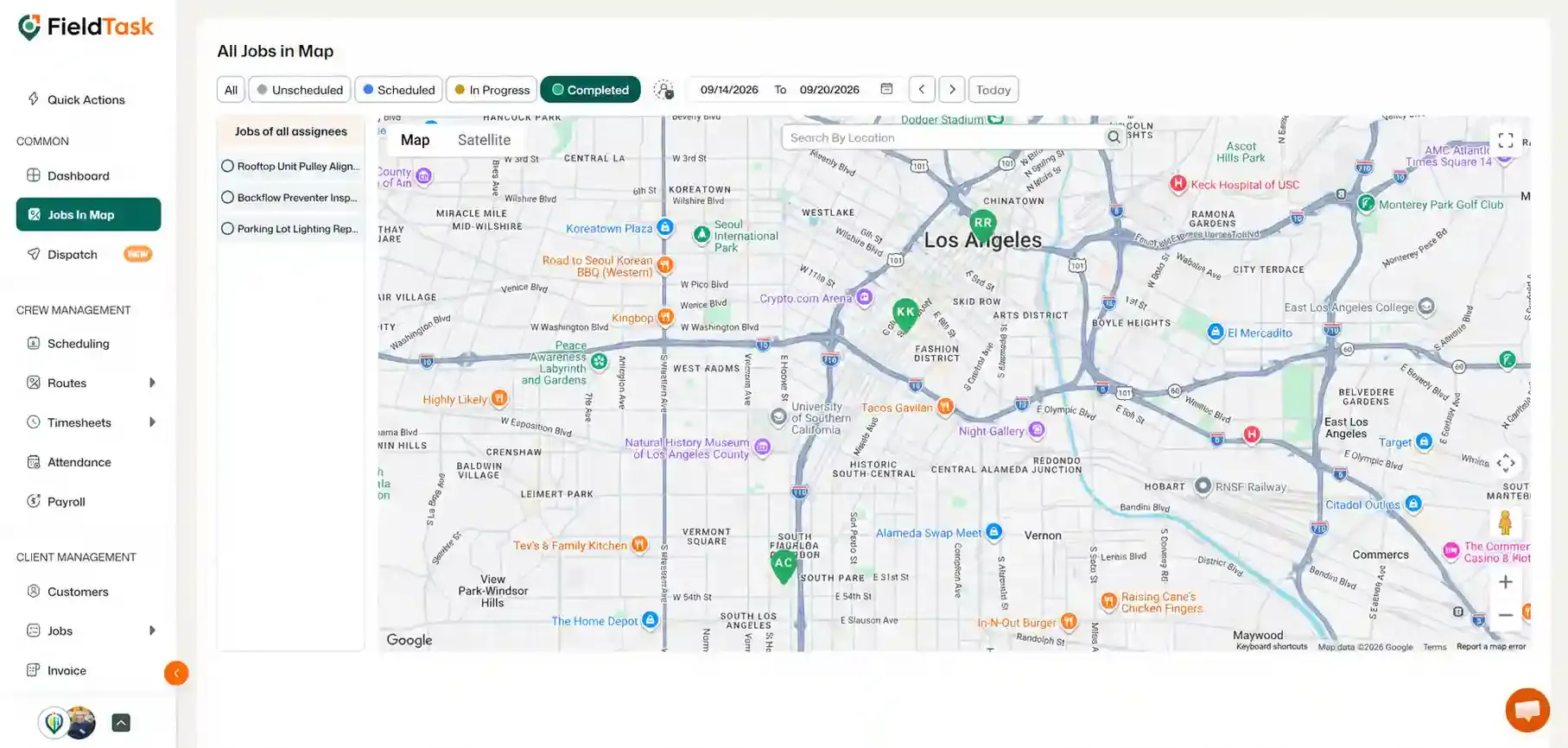 FieldTask map view showing jobs with completed filter highlighted.