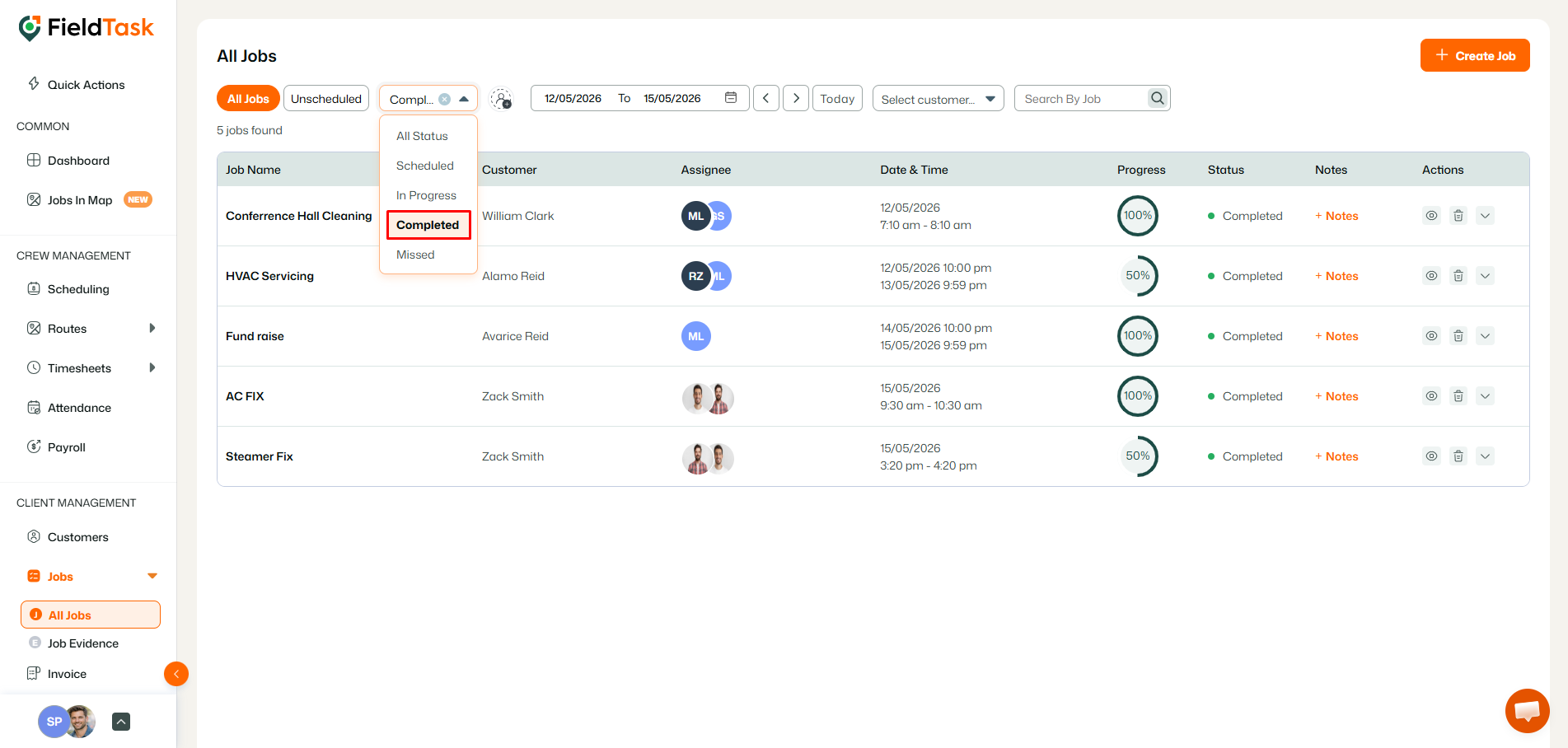 FieldTask completed jobs list with status filter open