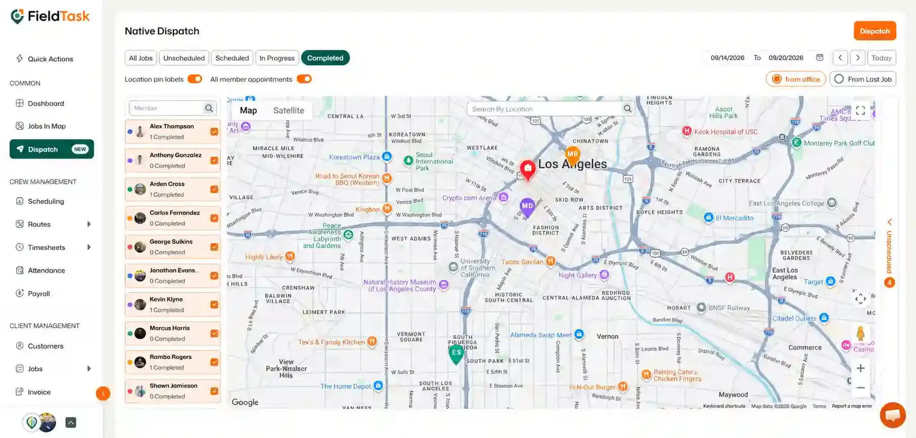 FieldTask dispatch map showing completed jobs and assignees.