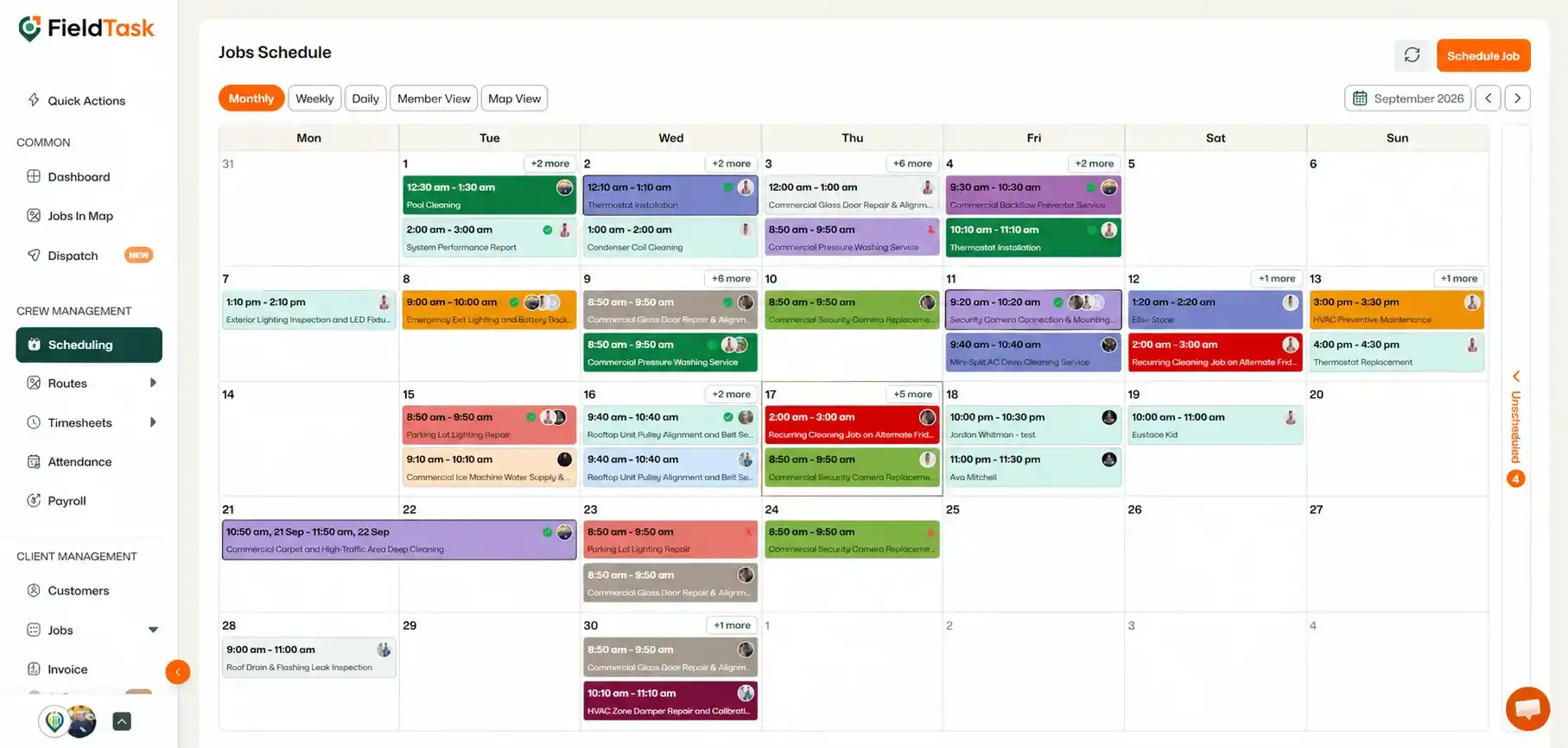 FieldTask scheduling calendar with highlighted scheduling menu.