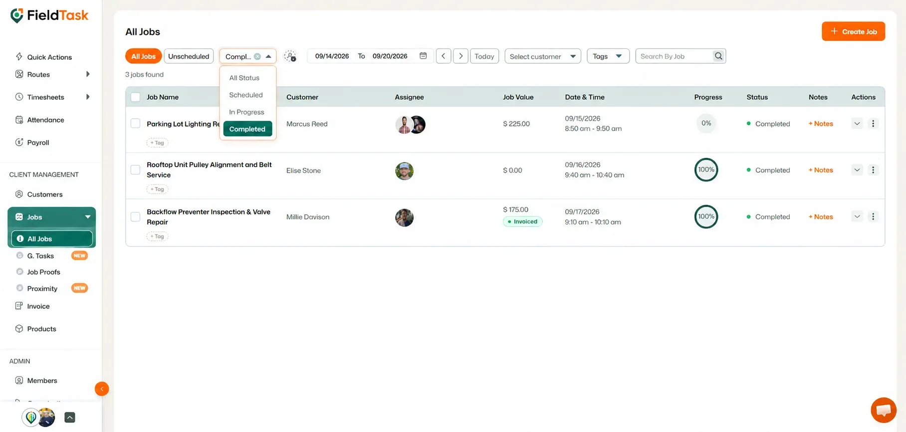FieldTask all jobs page with completed status filter selected.