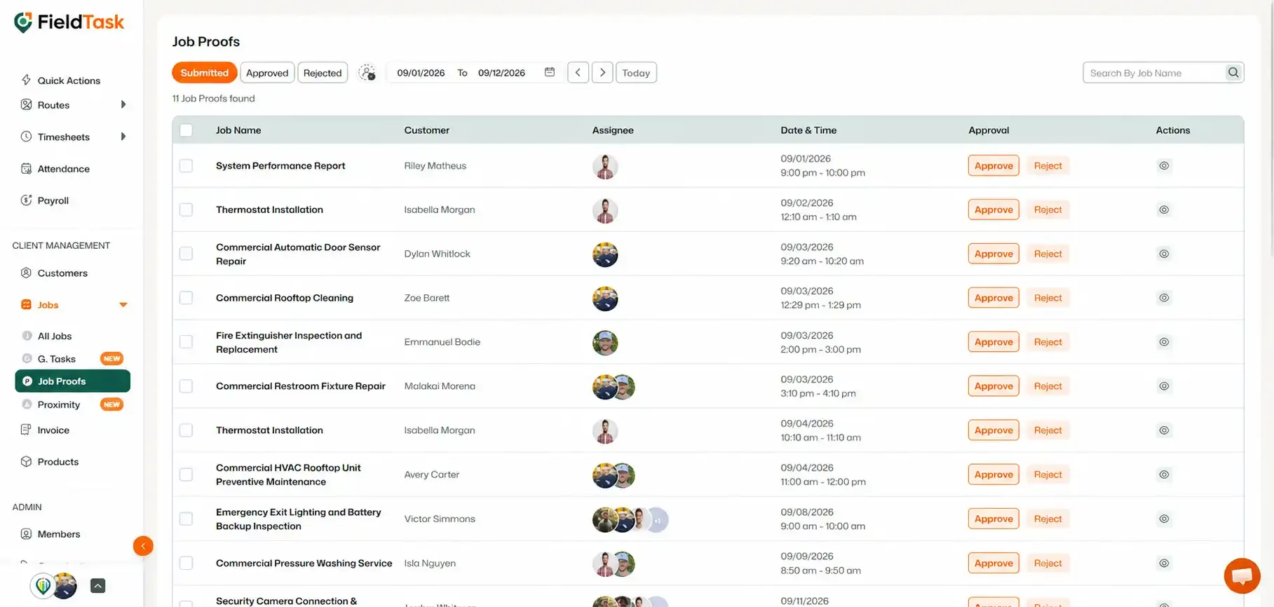 FieldTask job proofs table displaying submitted proof records.