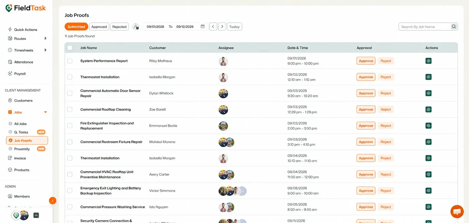 FieldTask job proofs page with highlighted action icons.