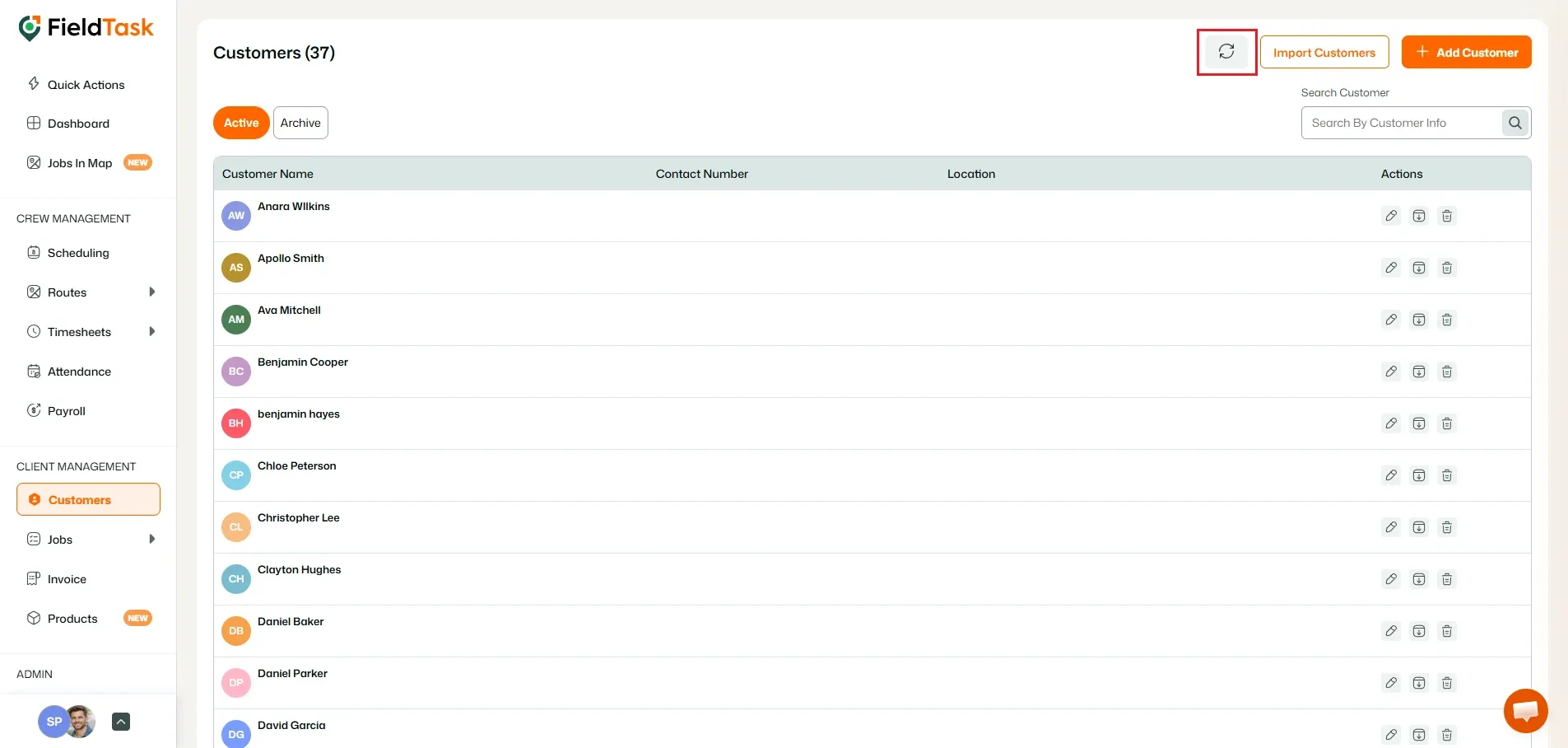 FieldTask Customers page with refresh button highlighted