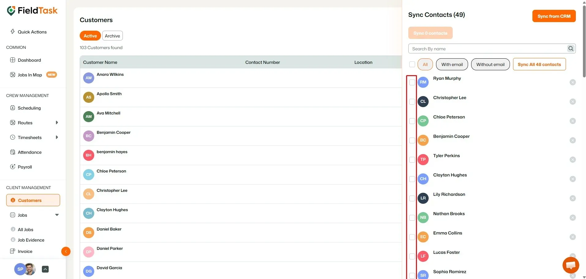 FieldTask customer list with CRM contact sync panel
