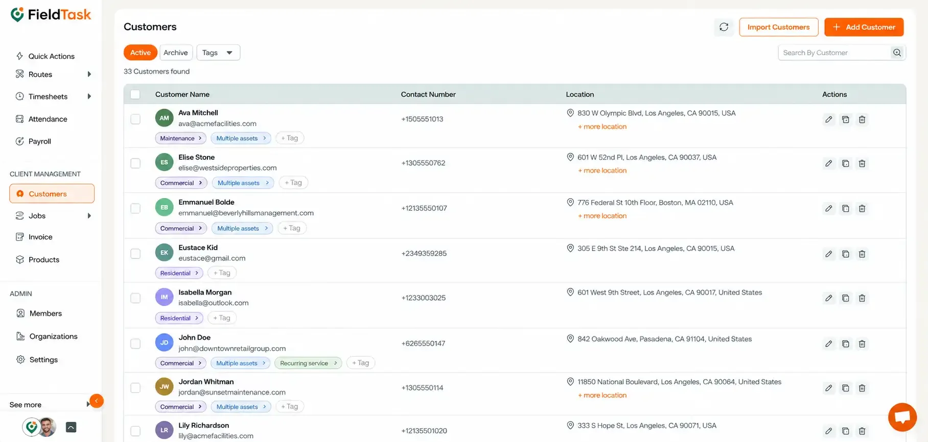 FieldTask Customers page listing customer names, emails, contact numbers, locations, tags, and available customer actions.