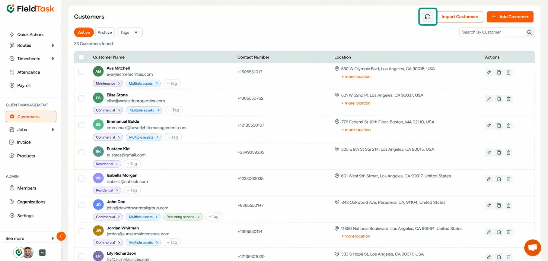 FieldTask Customers page with the sync button highlighted at the top right above the customer list.