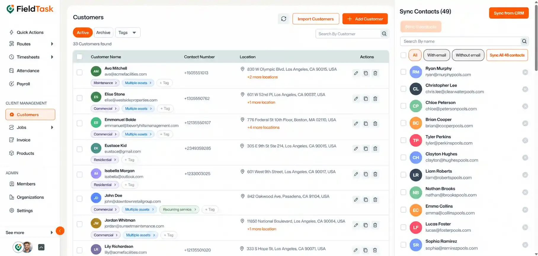 FieldTask Customers page with the Sync Contacts sidebar open, showing CRM sync controls, filters, contact checkboxes, names, emails, and remove options.