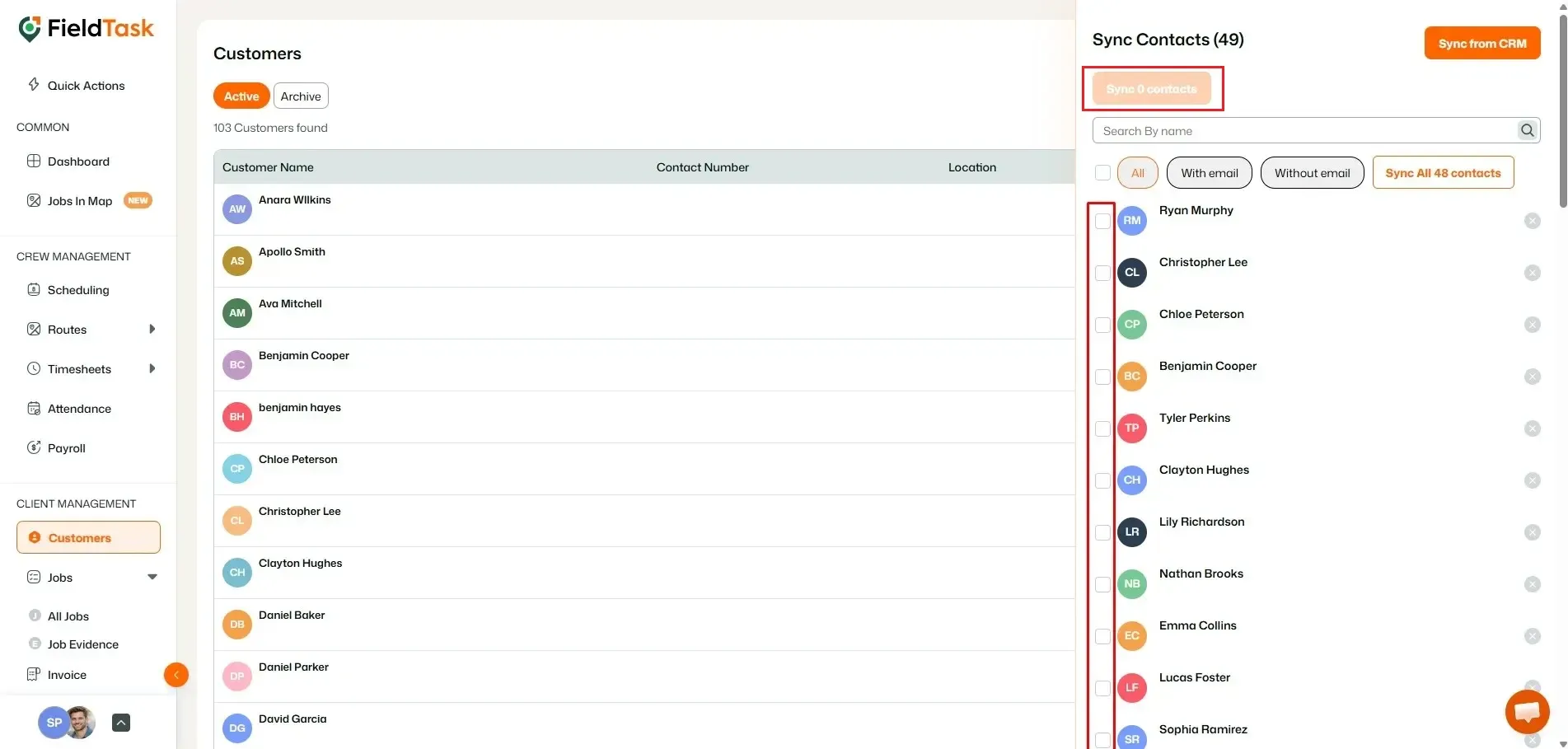 FieldTask customer list with CRM contact sync panel