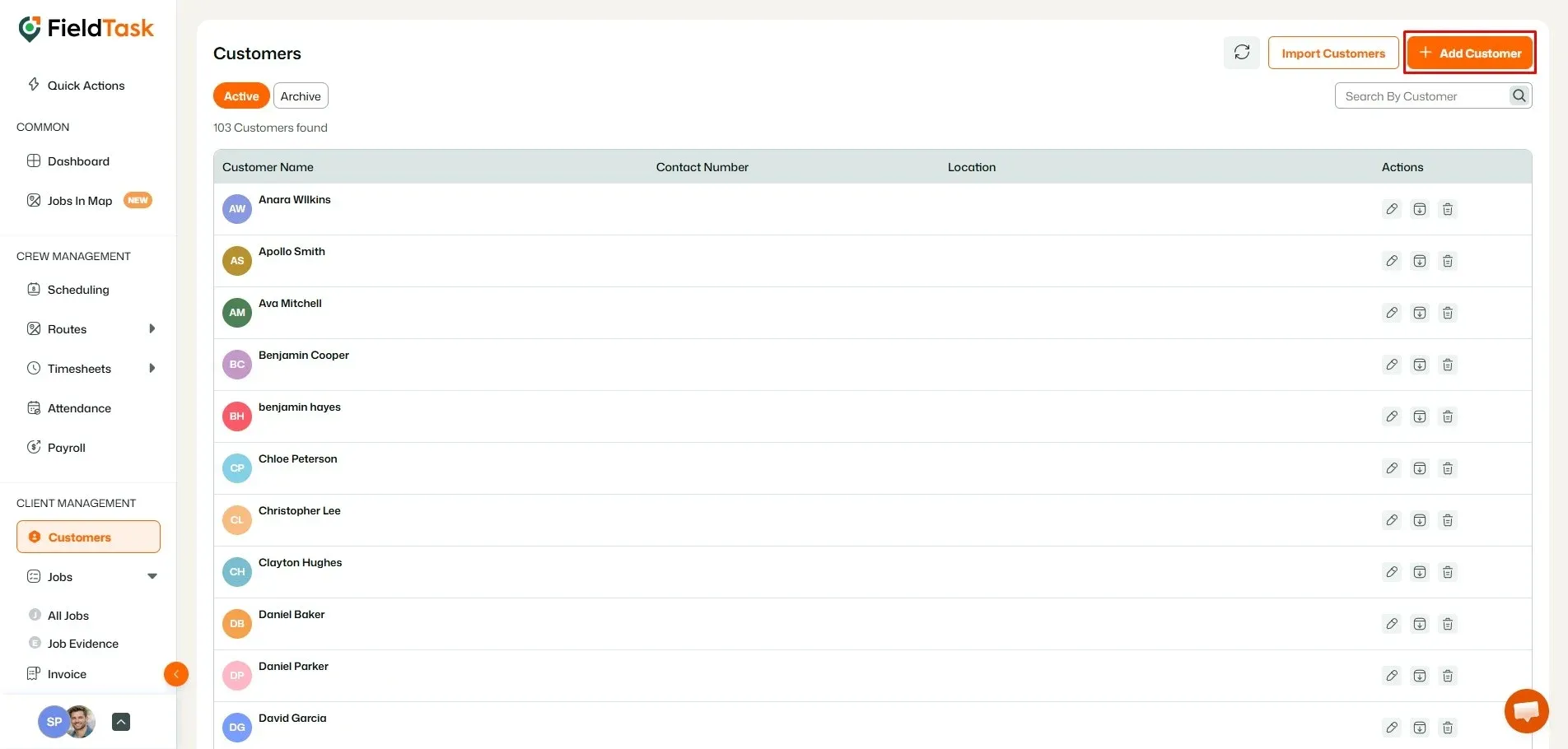 FieldTask customer list with Add Customer button highlighted