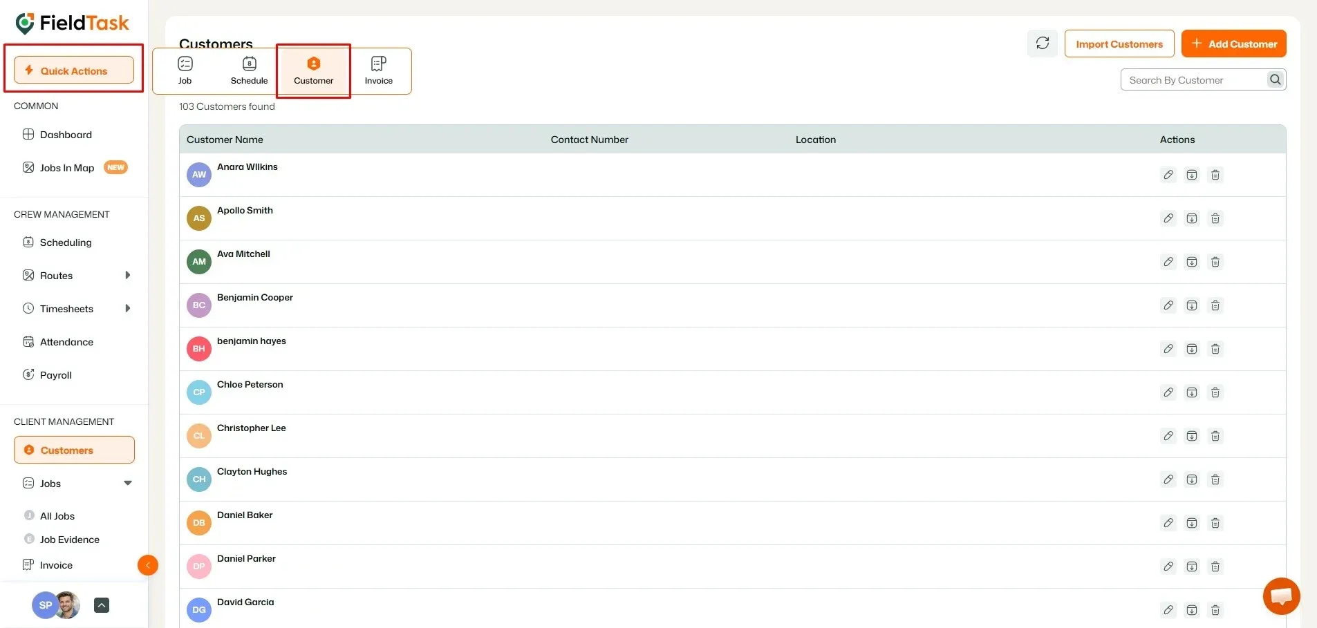 FieldTask customer dashboard with quick action tabs