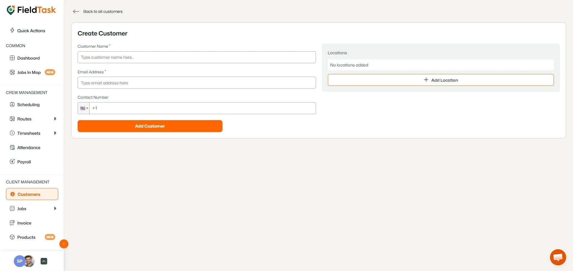 FieldTask Create Customer form with Add Location option