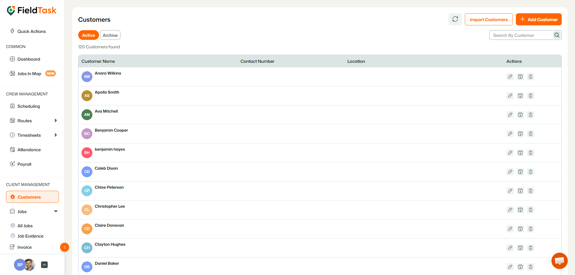 FieldTask customers list with active customer records
