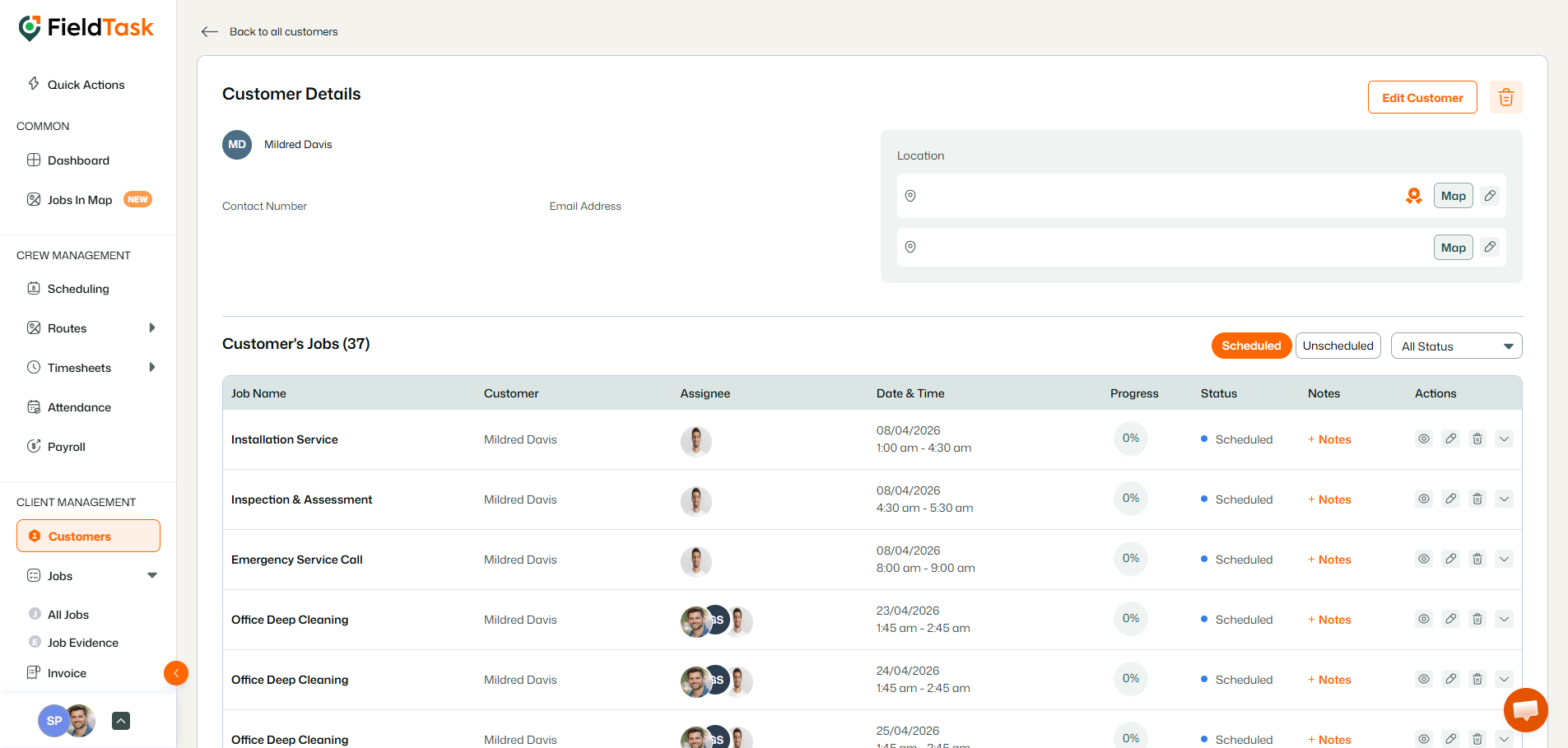 FieldTask customer details with scheduled job history