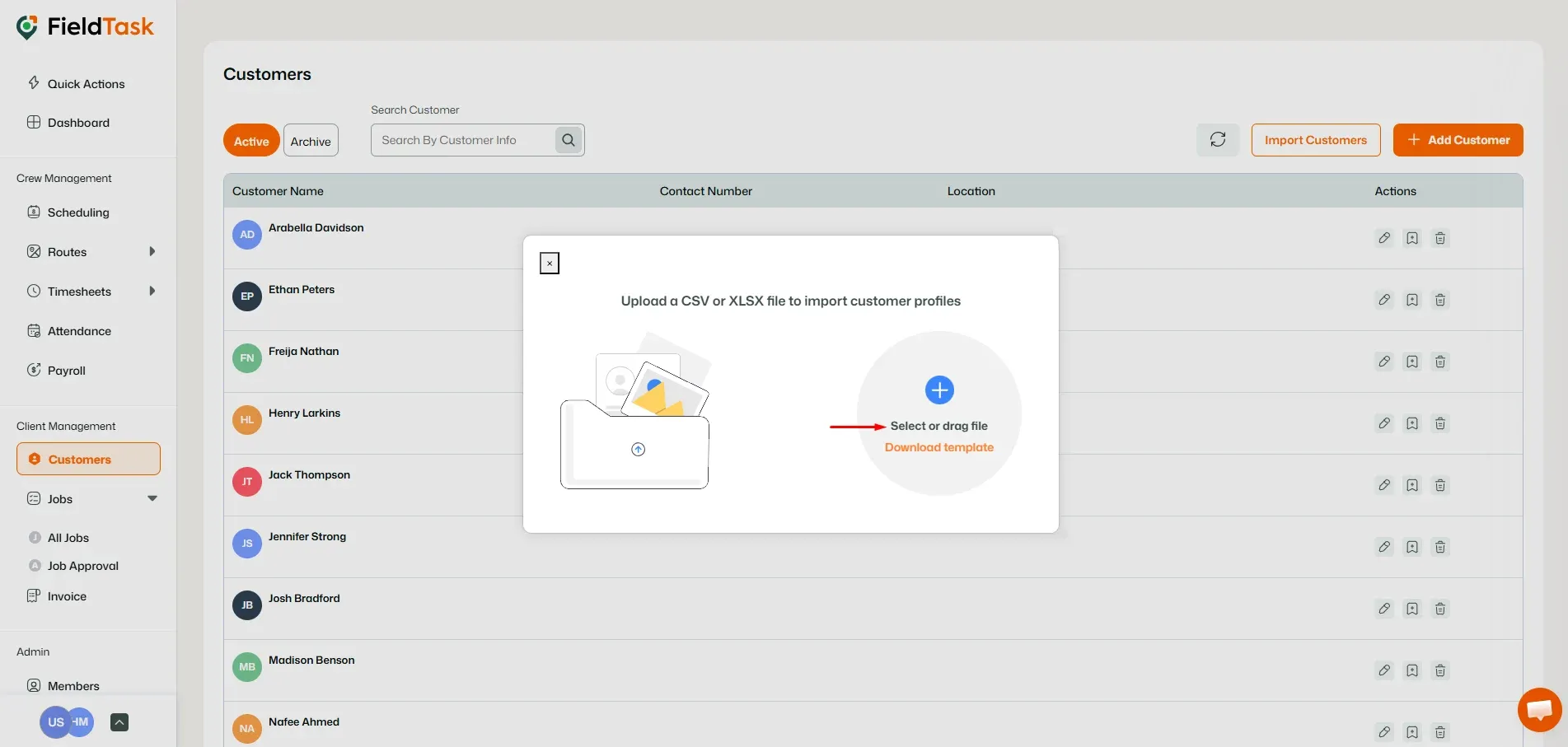 FieldTask Customer Import Section