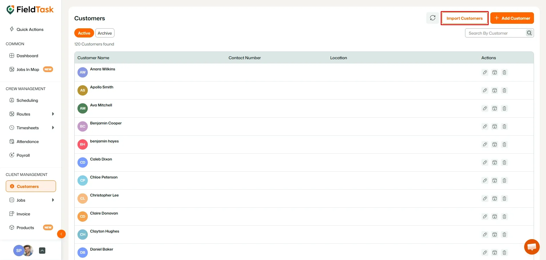 FieldTask customers list with Import Customers highlighted