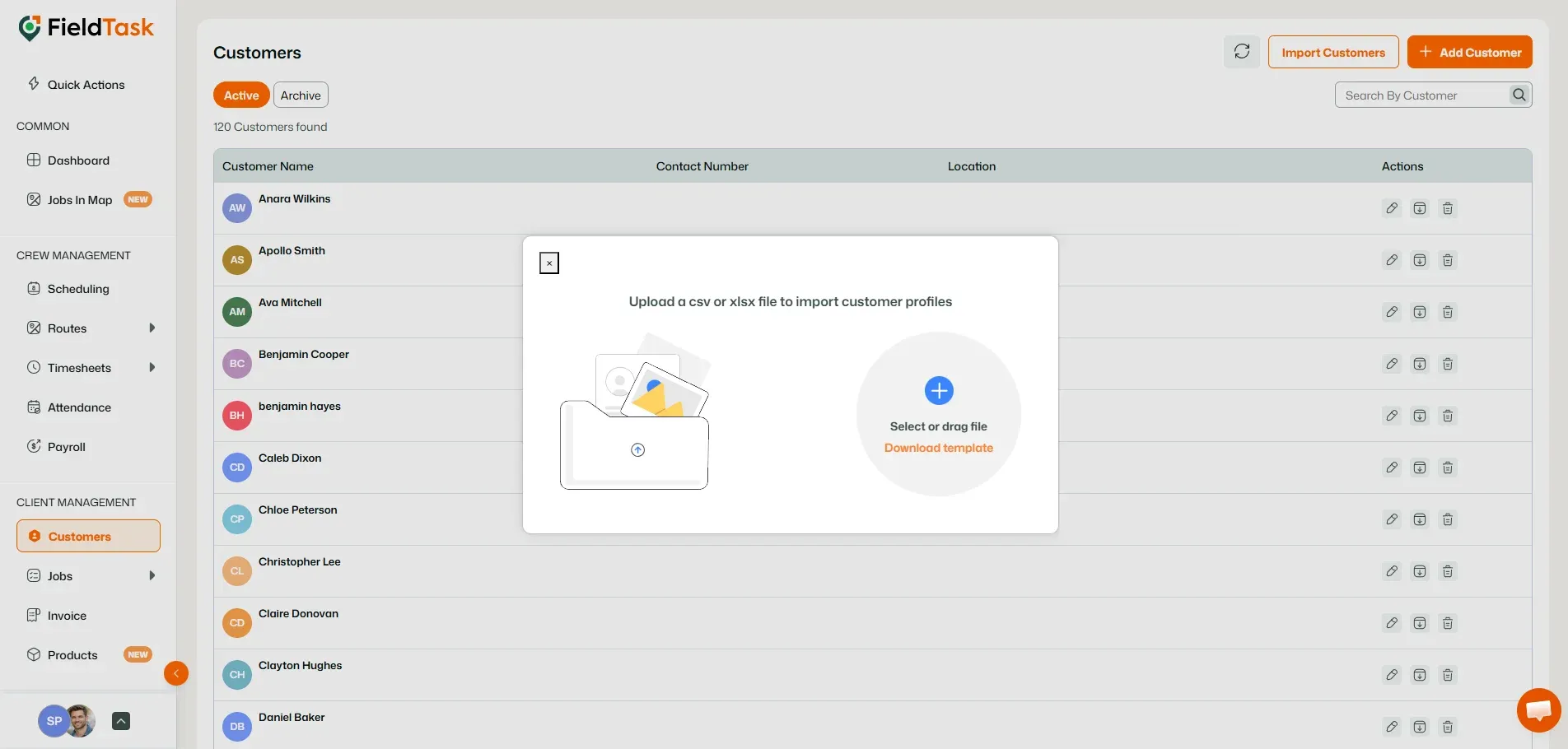 FieldTask customer import modal with file upload option