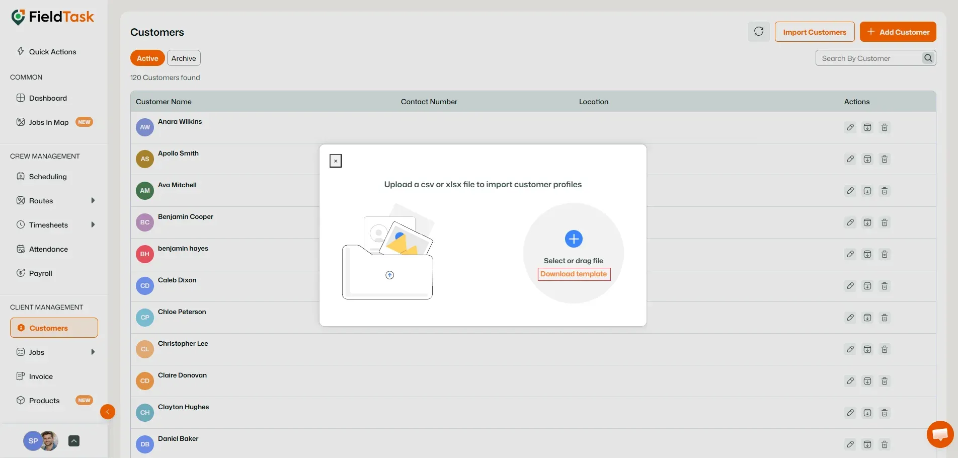 FieldTask import customer modal with download template highlighted