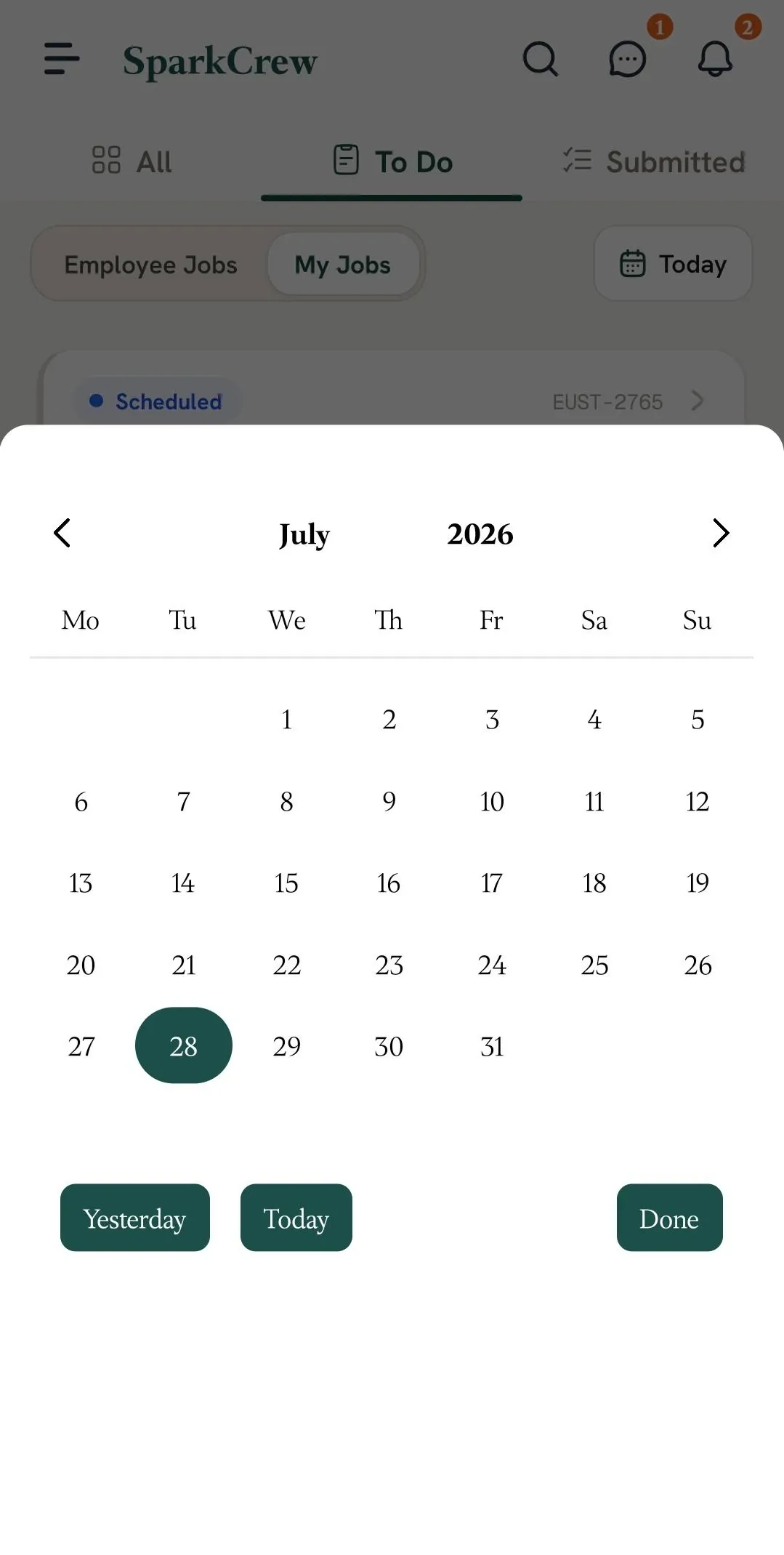 FieldTask Mobile App calendar date picker for July 2026