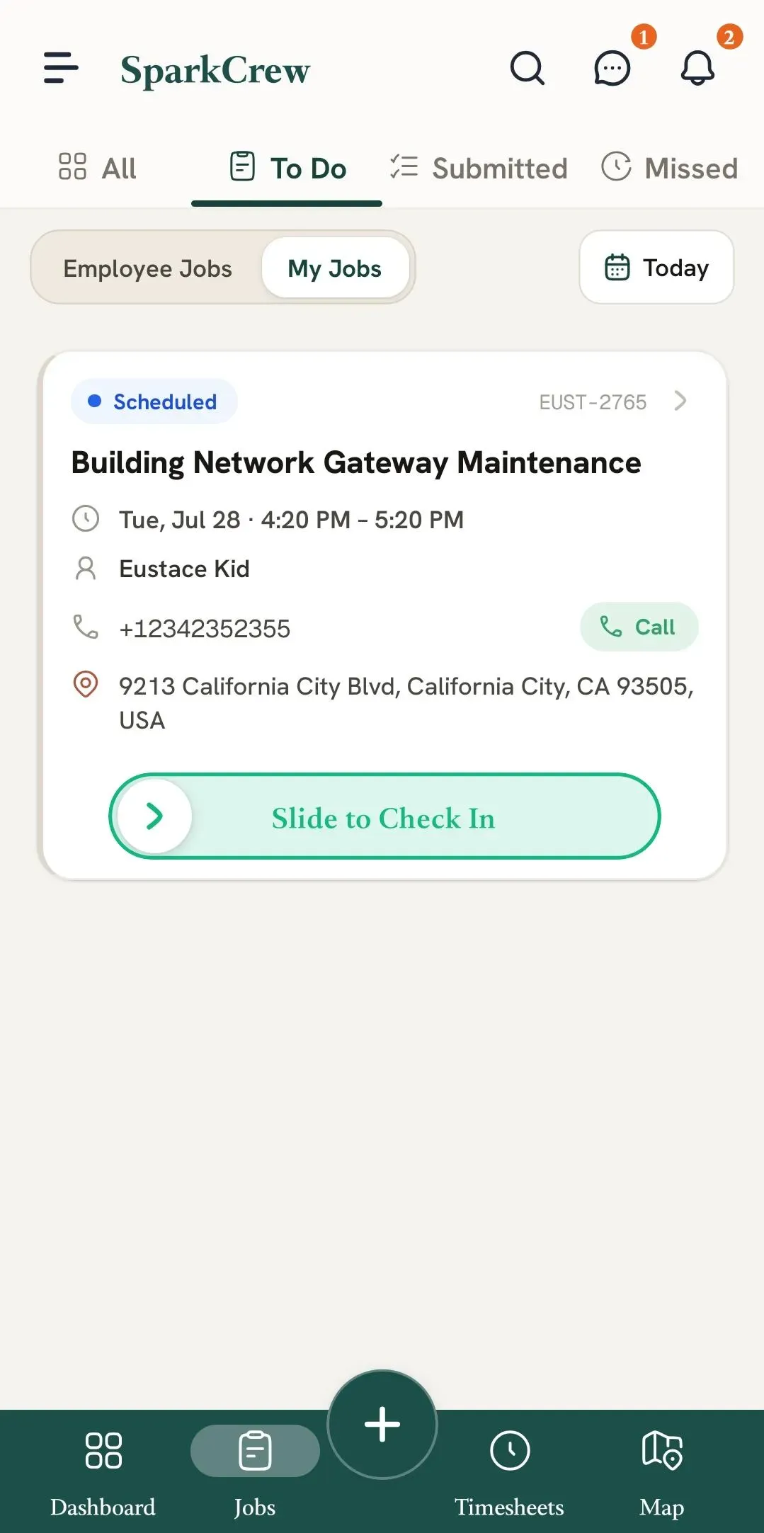 FieldTask Mobile App To Do jobs page showing today's scheduled job