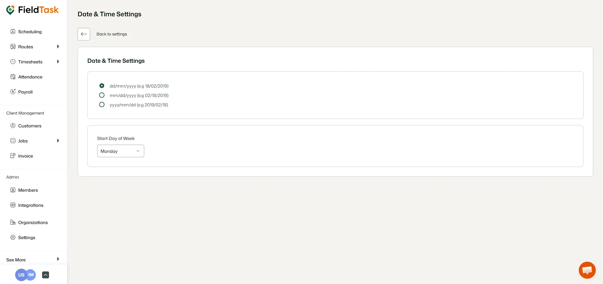 FieldTask Time and Day Settings Page