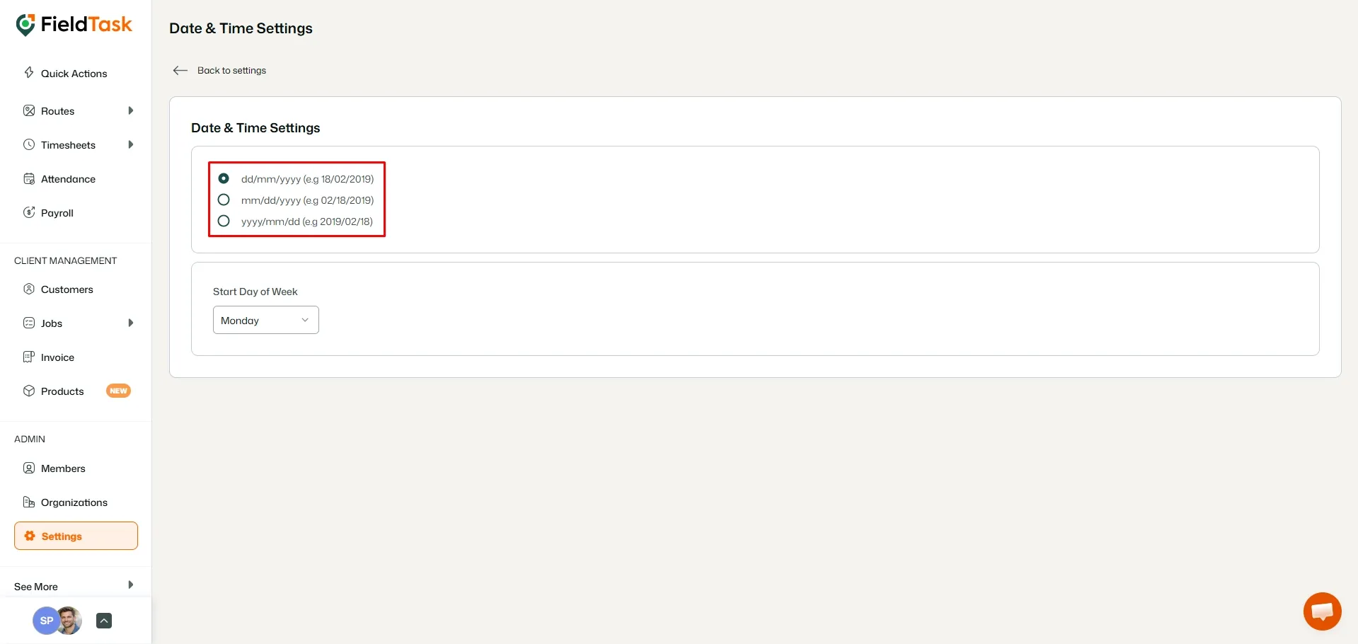 FieldTask Date & Time Settings with date format options