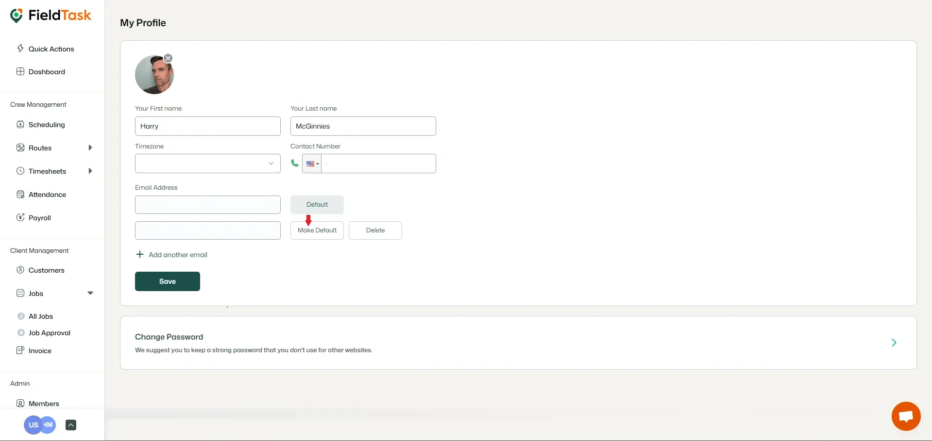 FieldTask Default email on Profile Page