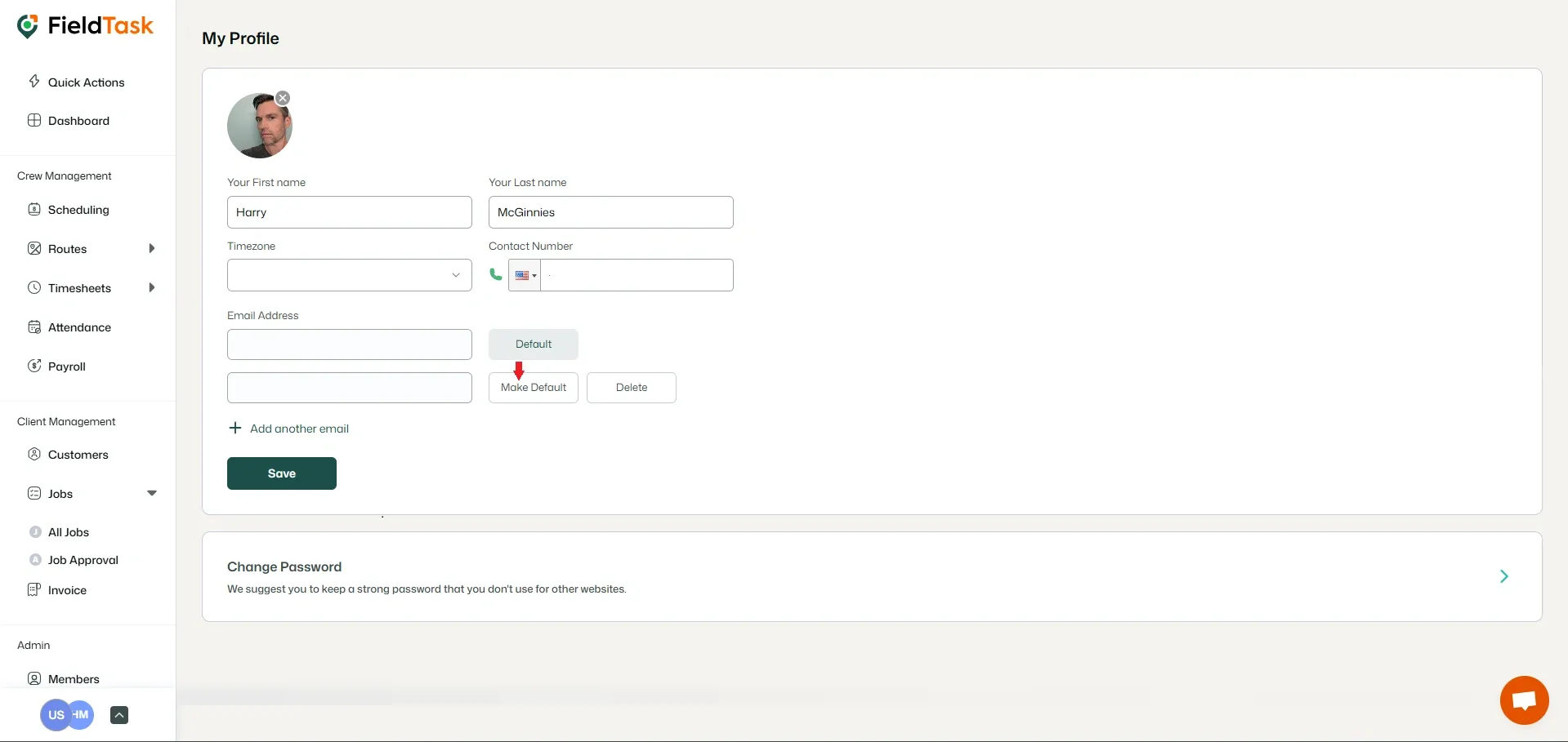 FieldTask profile settings page with Make Default email button highlighted