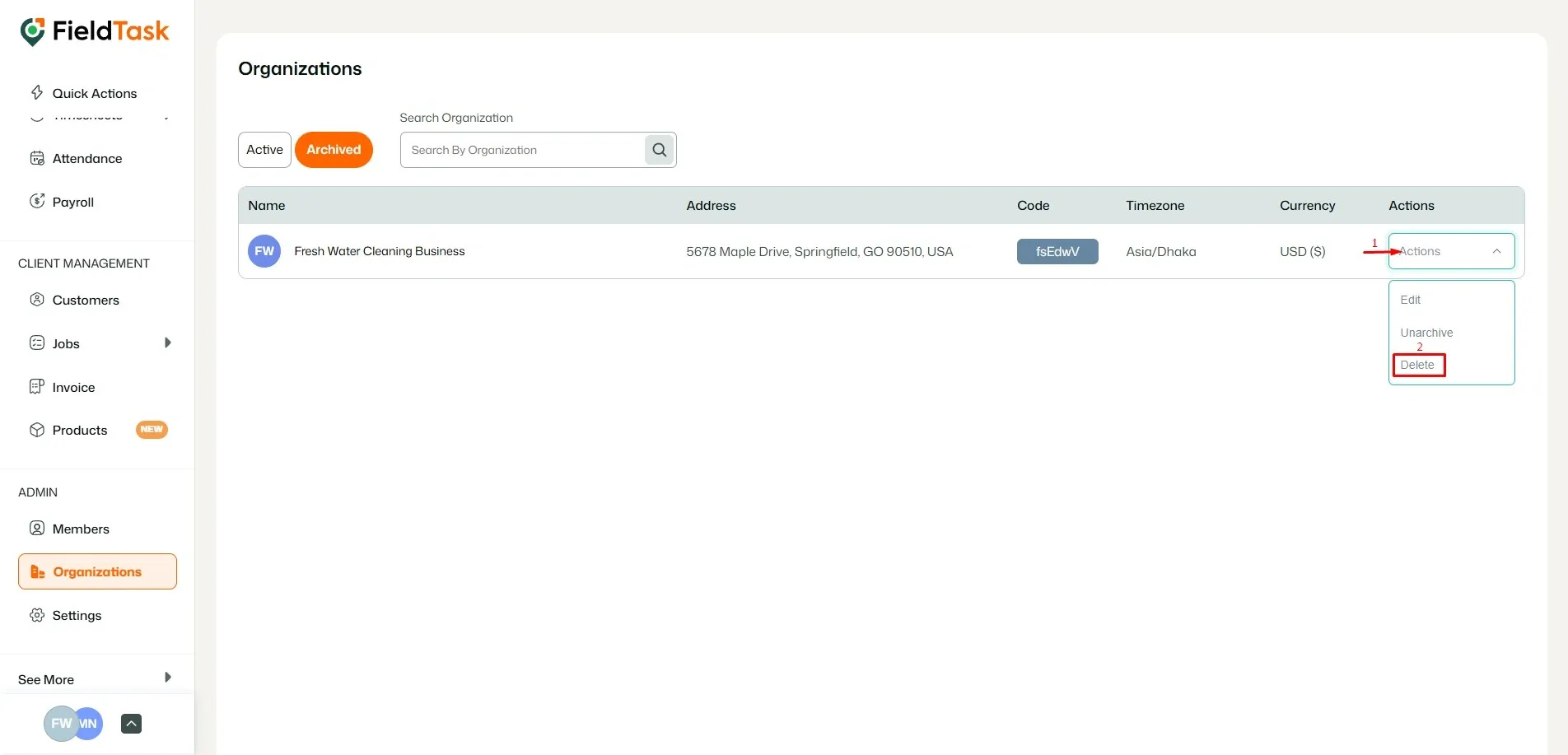 FieldTask organizations with Delete highlighted
