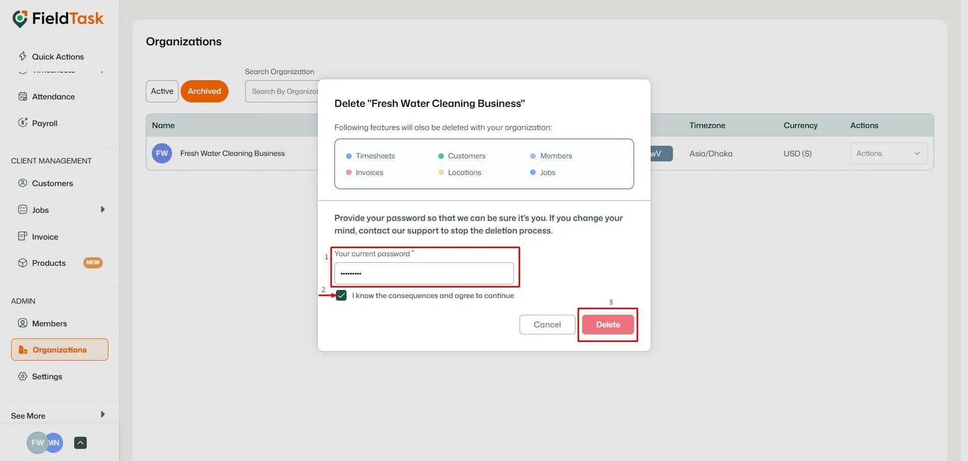 FieldTask delete organization modal with password check